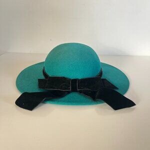 Vintage Liz Claiborne Accessories Teal Blue Green Wool Hat Velvet Ribbon